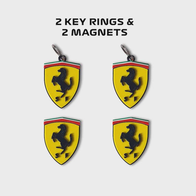 Ferrari Keychains & Magnets Set (2 + 2 Pieces) – Car Gift - Shield Emblem Accessories